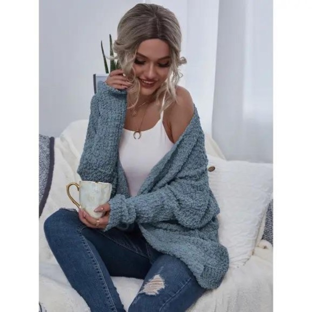 Blue Chunky Knit Open Cardigan With Pockets